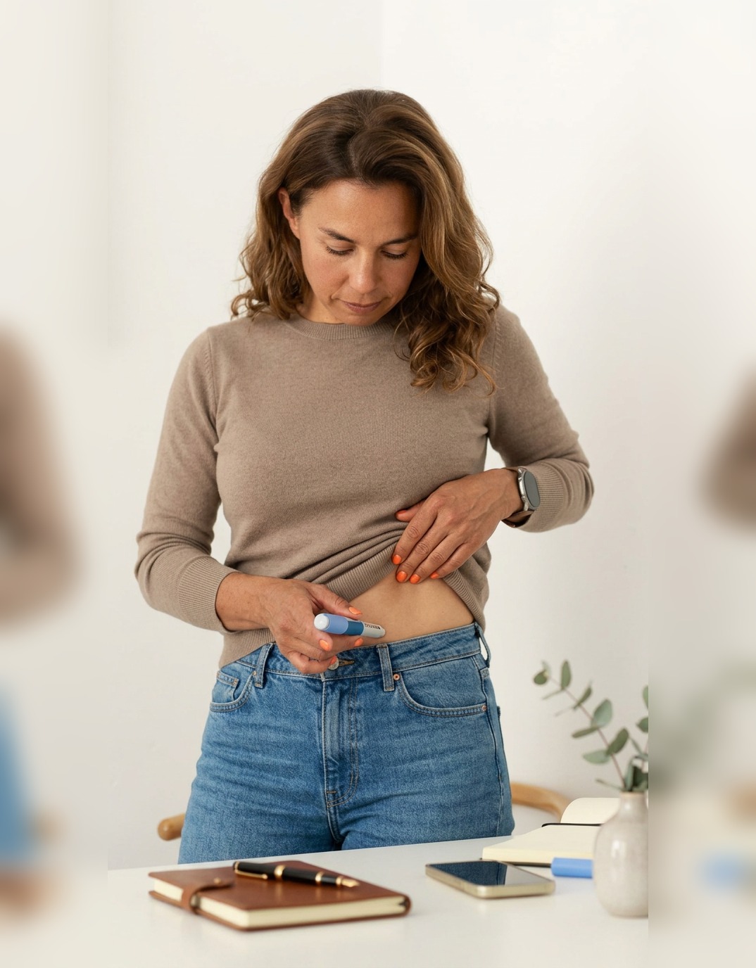 Woman administering a weekly injection at home